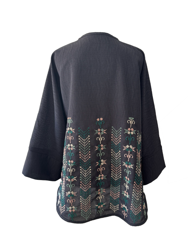 The Oversized Kimono Cut Jacket With Multi Embroidery in Dark Charcoal