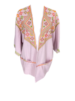 The Short Sleeve Linen Jacket With Heavy Hand Embroidery in Pink and Green and Orange
