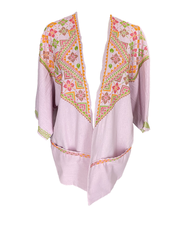 The Short Sleeve Linen Jacket With Heavy Hand Embroidery in Pink and Green and Orange