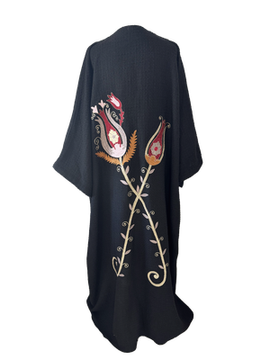 The Winter Abaya with Aghabani Embroidery in Thick Black with Burgundy Embroidery