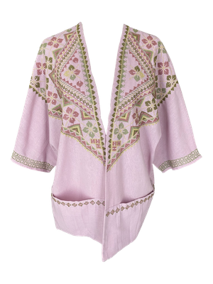 The Short Sleeve Linen Jacket With Heavy Hand Embroidery in Pink and Green