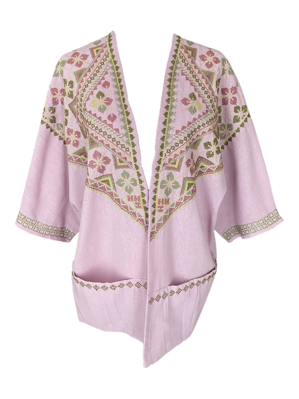 The Short Sleeve Linen Jacket With Heavy Hand Embroidery in Pink and Green