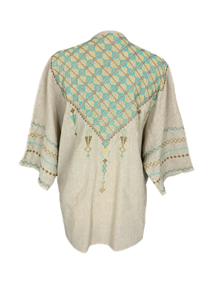 The Short Sleeve Linen Jacket With Hand Embroidery in Beige and Mint Green