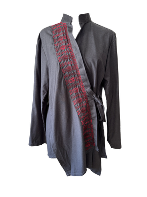The Hand Embroidered Wrap Shirt in Grey With Red Embroidery