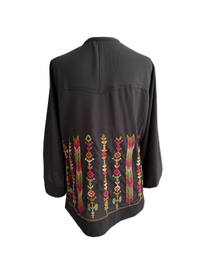 The Kimono Cut Jacket With Light Embroidery in Sheer Black with Pink and Green