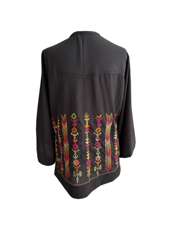 The Kimono Cut Jacket With Light Embroidery in Sheer Black with Pink and Green