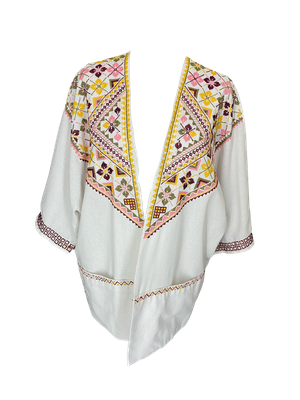 The Short Sleeve Linen Jacket With Heavy Hand Embroidery in White with Sunset Embroidery