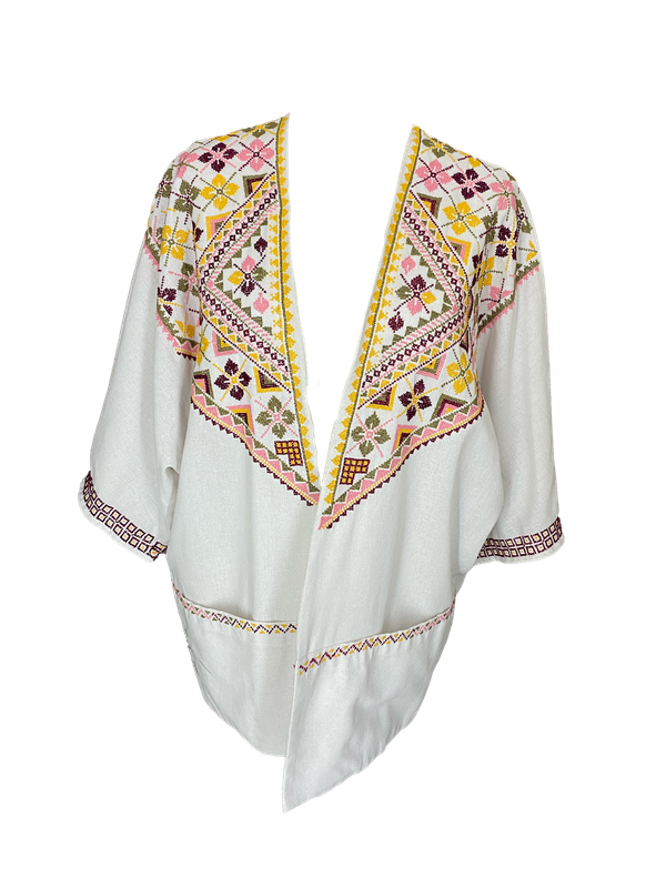 The Short Sleeve Linen Jacket With Heavy Hand Embroidery in White with Sunset Embroidery