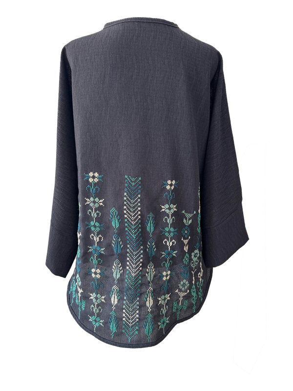 The Oversized Kimono Cut Jacket With Blue Embroidery in Dark Charcoal