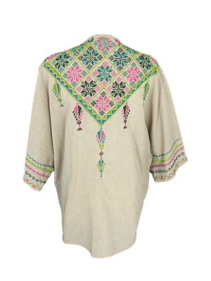 The Short Sleeve Linen Jacket With Hand Embroidery in Beige with Pink and Green