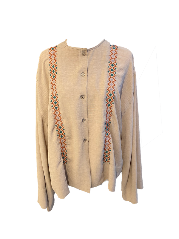 Pink Hand Embroidered Shirt With Wide Sleeve with Orange, Teal and Baby Pink Embroidery