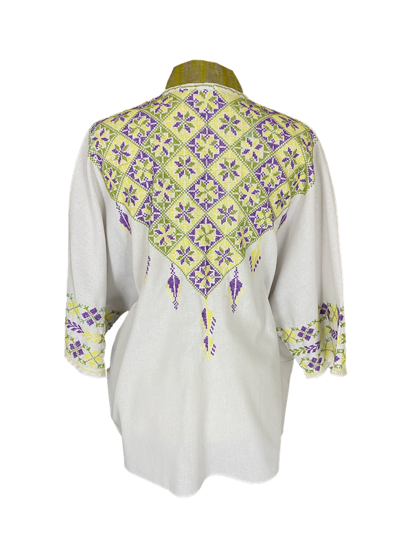 The Short Sleeve Linen Jacket With Hand Embroidery and Thai Silk Lapel in White and Yellow