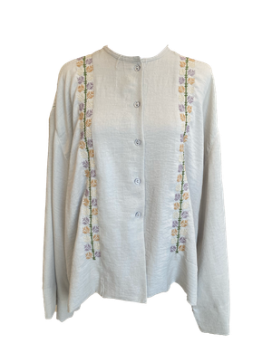 White Hand Embroidered Shirt With Wide Sleeve in with Beige Embroidery