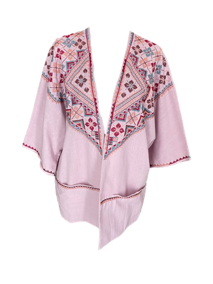 The Short Sleeve Linen Jacket With Heavy Hand Embroidery in Pink and Blue