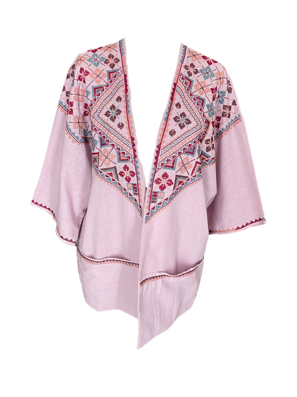 The Short Sleeve Linen Jacket With Heavy Hand Embroidery in Pink and Blue
