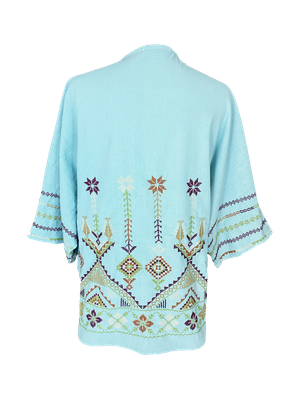 The Short Sleeve Linen Jacket With Hand Embroidery in Blue with Multi Embroidery