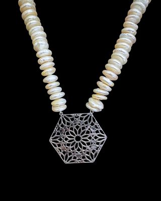 Button Pearl Necklace with Large Hexagon Pendant