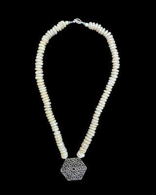 Button Pearl Necklace with Large Hexagon Pendant