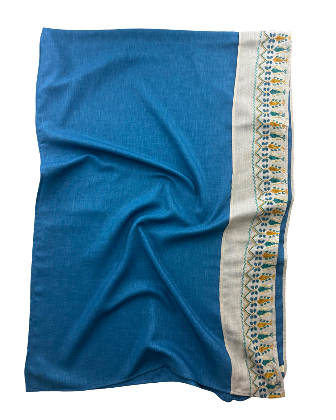 Blue Cotton Scarf With Beige Stripe