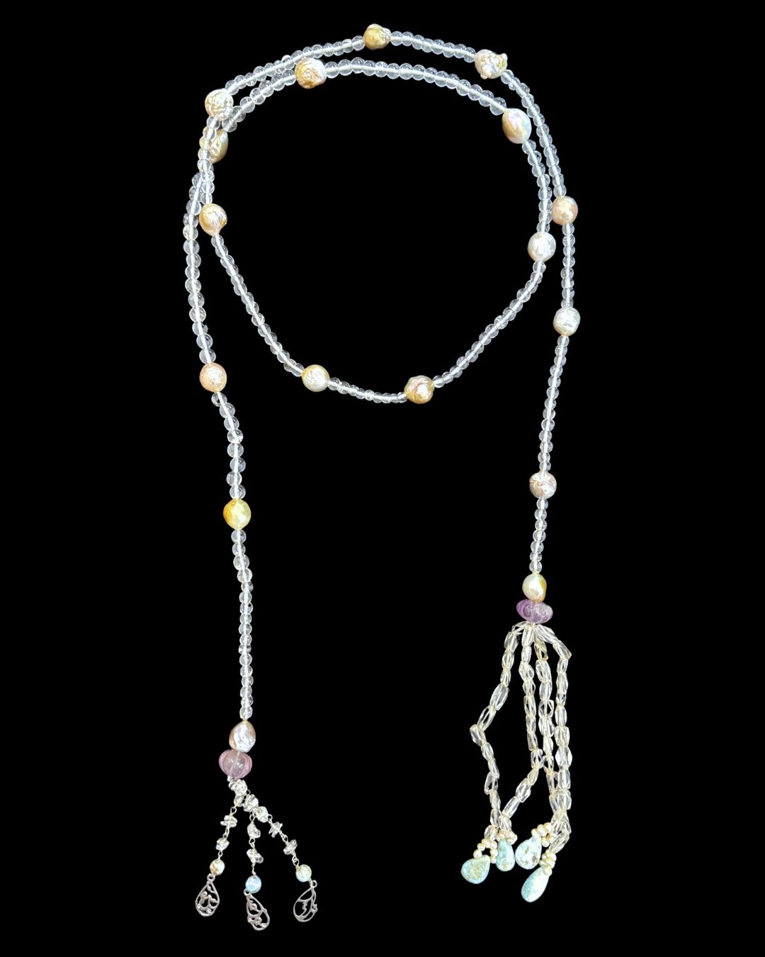 Pearl and Clear Quartz Tie Necklace with Ain Rabuka Taraak Tassel