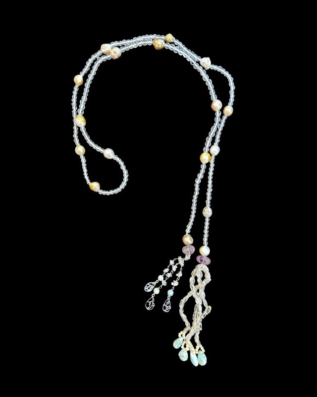 Pearl and Clear Quartz Tie Necklace with Ain Rabuka Taraak Tassel