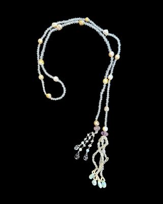 Pearl and Clear Quartz Tie Necklace with Ain Rabuka Taraak Tassel
