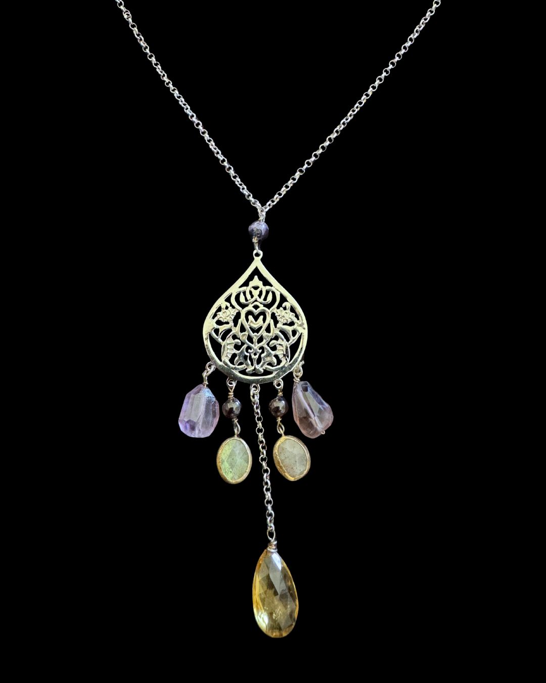 Chain Necklace With Large Arabesque and Dangles