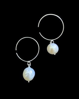 Round Hoop Earrings with Large Pearl Drop