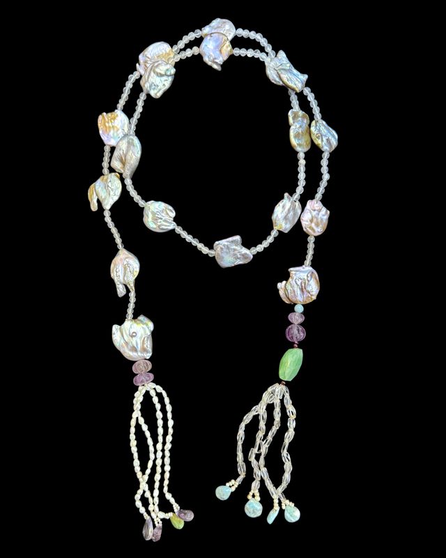 Baroque Pearl and Clear Quartz Tie Necklace with Abstract Tassel