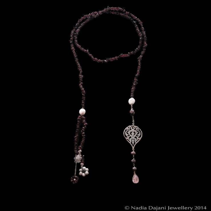 [Custom Order] Hand Cut Amethyst Necklace with Large Gold Plated Arabesque Pendant and Smokey Quartz Tassel