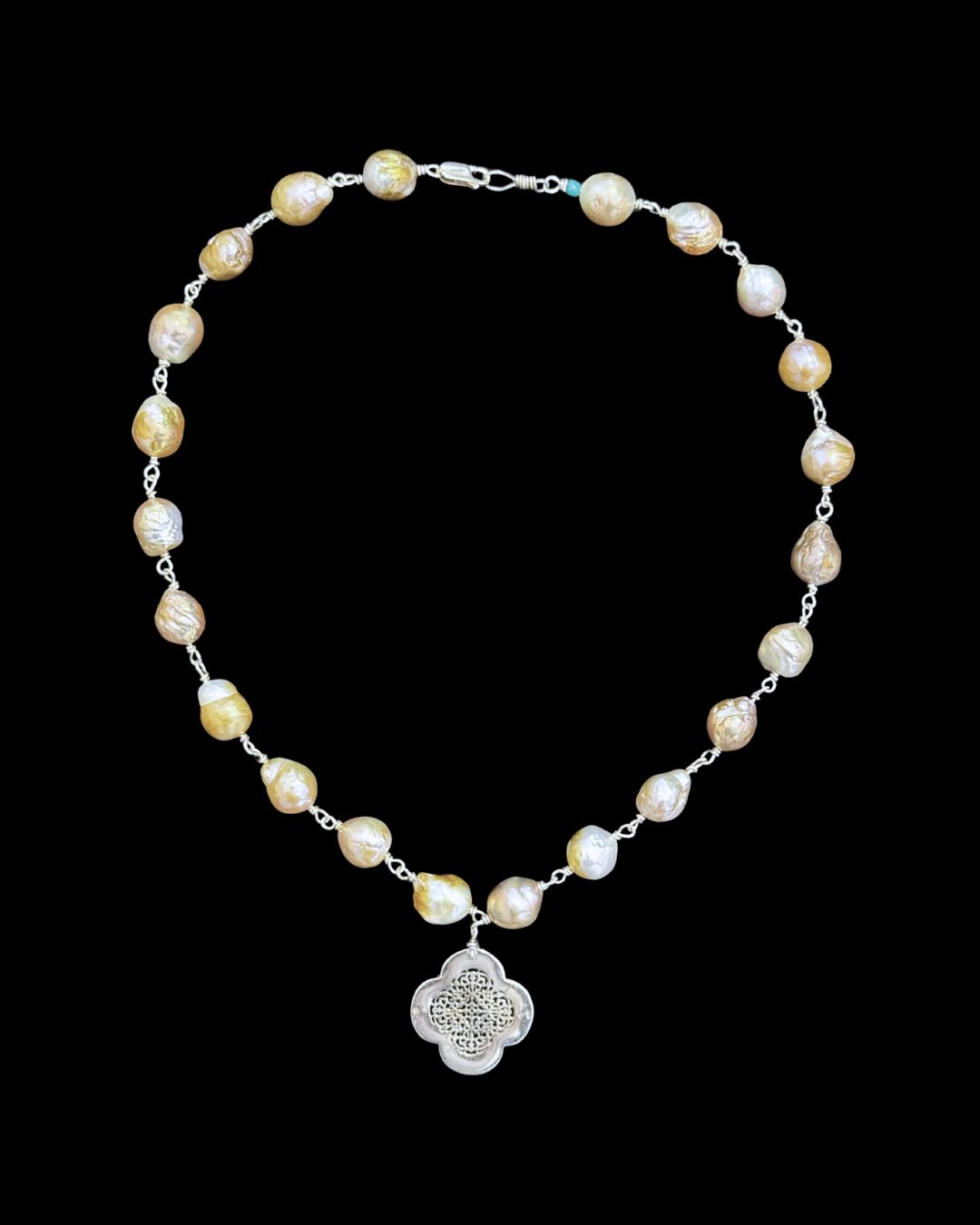 Silver Wire Necklace with Grey Pearls and Silver Clover