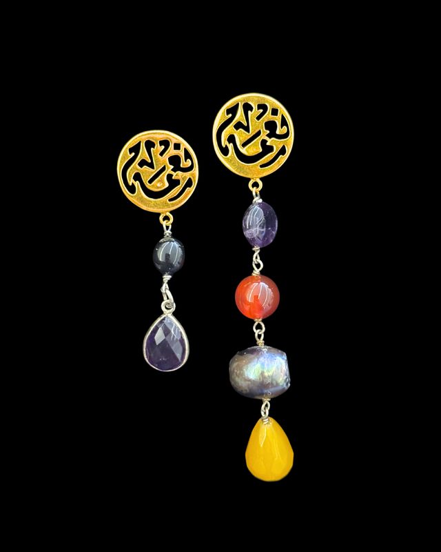 Gold Plated Asymmetric Nima Afia Earrings with Stone Drop
