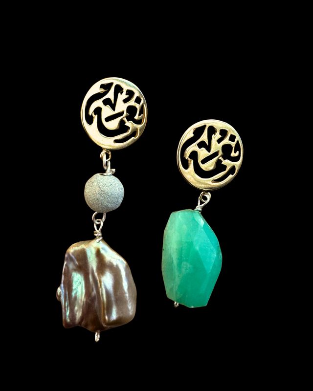 Gold Plated Asymmetric Nima Afia Earrings with Stone Drop