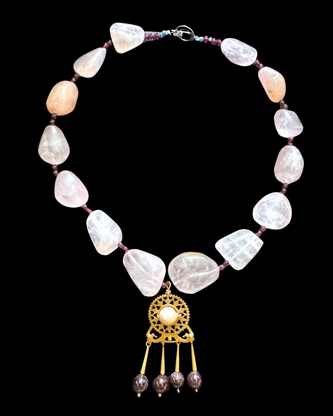 Large Rosequartz Necklace with Byzantine Pendant