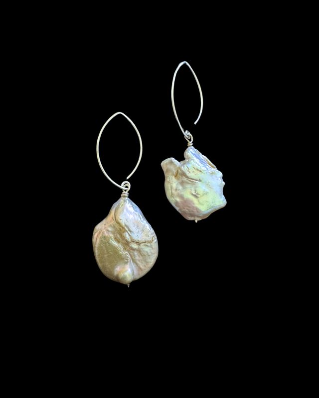 Small Silver Oval Hook Earrings with Baroque Pearl Drops