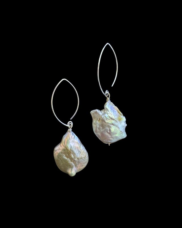 Small Silver Oval Hook Earrings with Baroque Pearl Drops