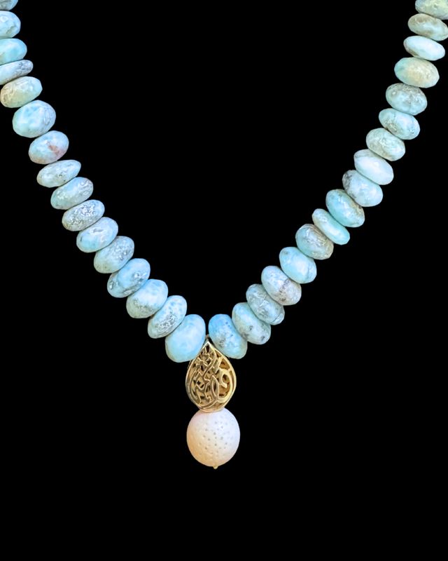 Blue Opal Necklace with Gold Plated Almond Calligraphy Drop