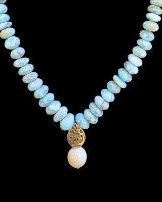 Blue Opal Necklace with Gold Plated Almond Calligraphy Drop