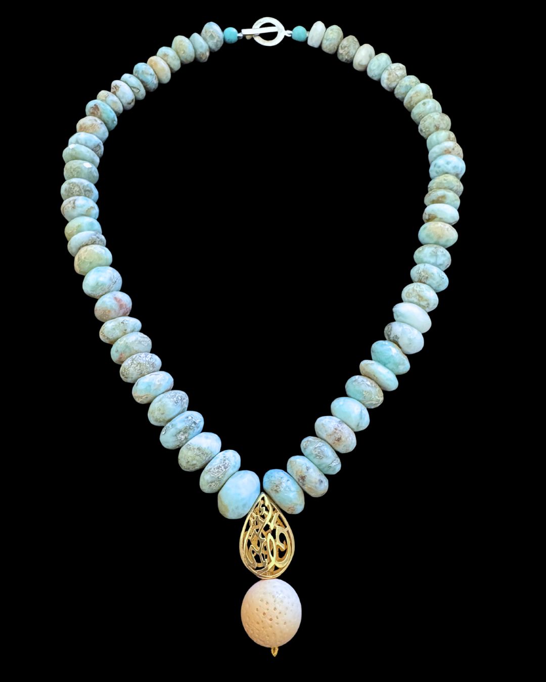Blue Opal Necklace with Gold Plated Almond Calligraphy Drop