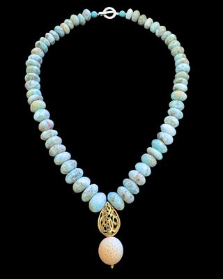 Blue Opal Necklace with Gold Plated Almond Calligraphy Drop