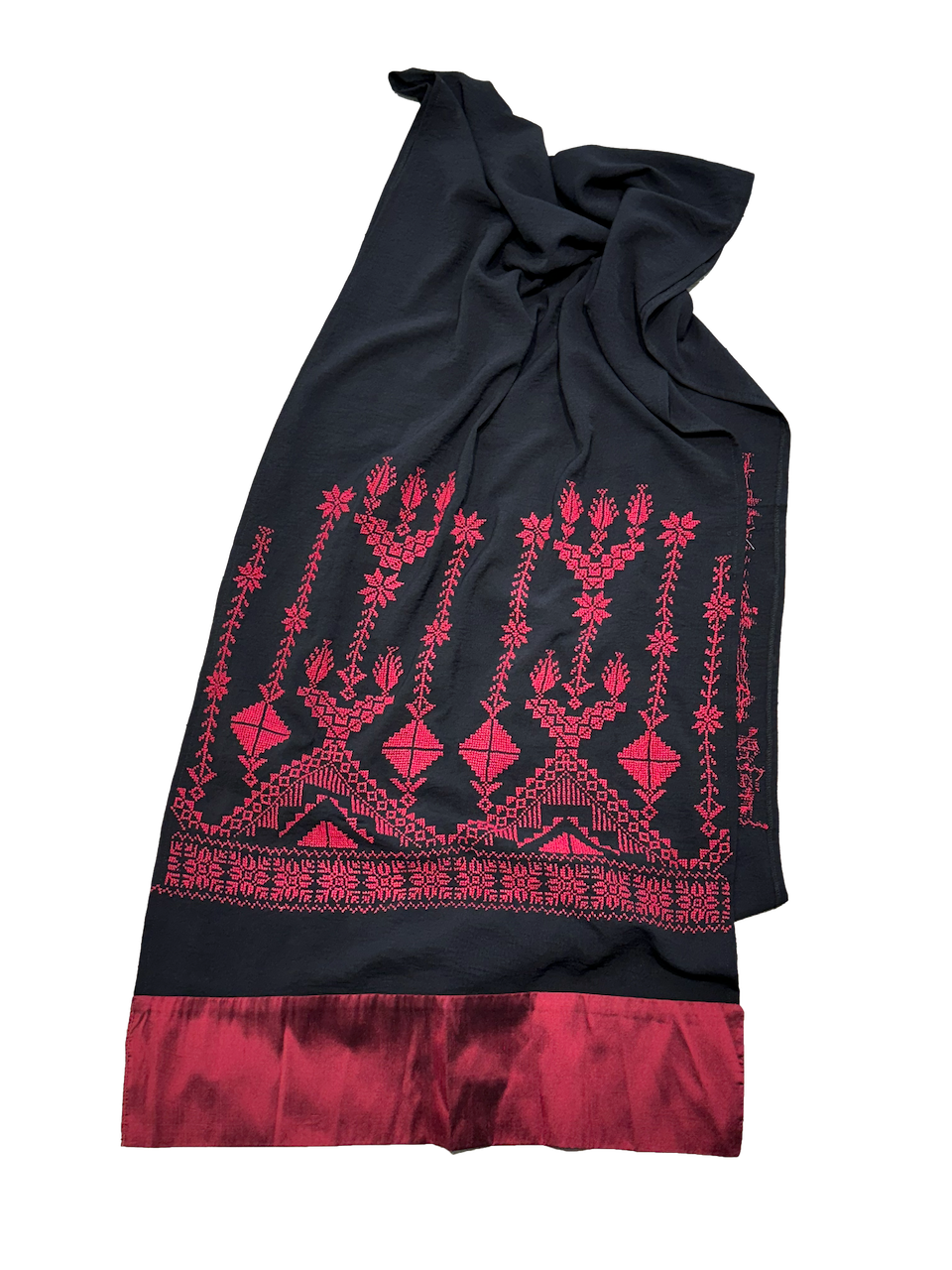 The Wide Embroidered Scarf with Thai Silk Trim in Black