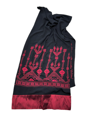 The Wide Embroidered Scarf with Thai Silk Trim in Black