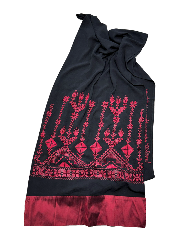 The Wide Embroidered Scarf with Thai Silk Trim in Black