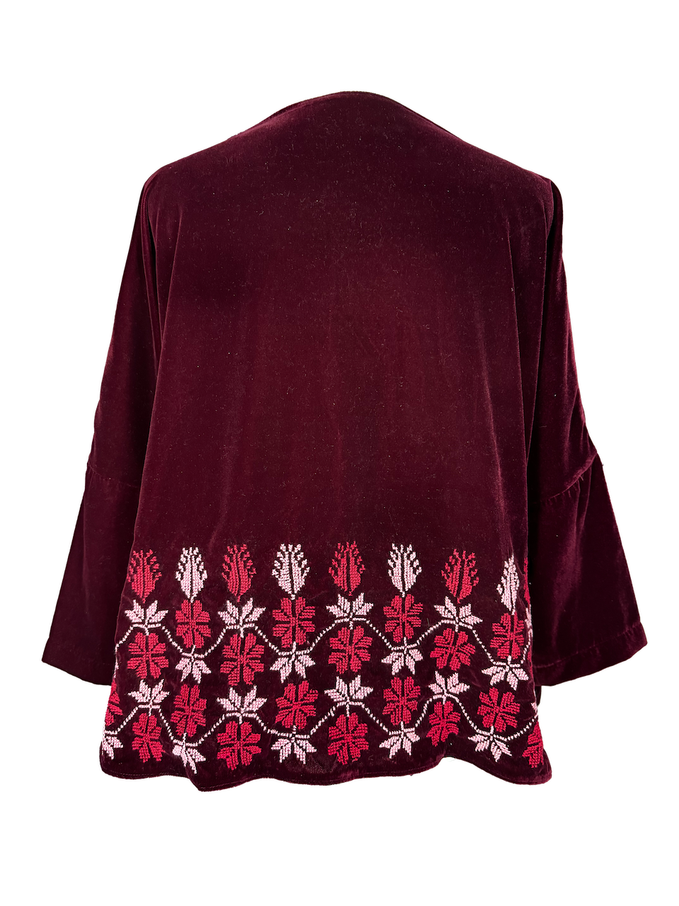 The Velvet Boxy With Horizontal Hand Embroidery in Burgundy, Embroidery Style: Pink