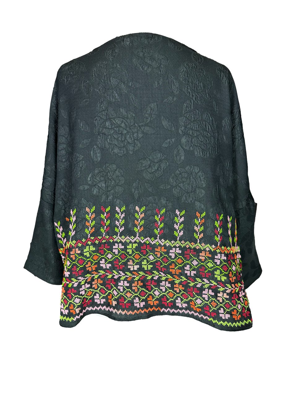 The Heavily Embroidered Boxy in Black Floral, Embroidery Style: Green, Red and Yellow Embroidery