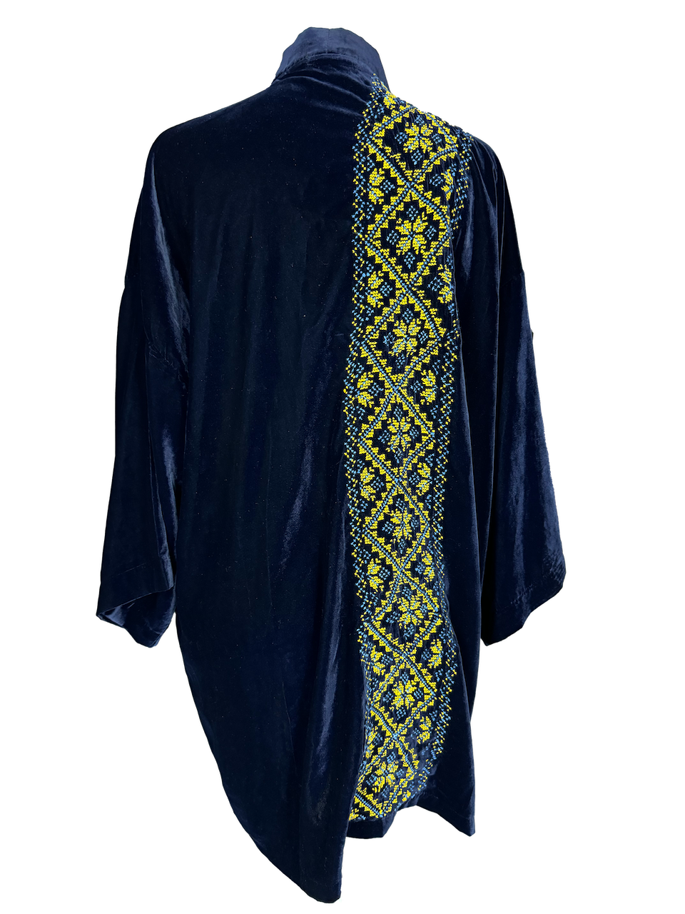 The Cascade Jacket in Navy Velvet, Embroidery Style: Yellow and Blue Embroidery