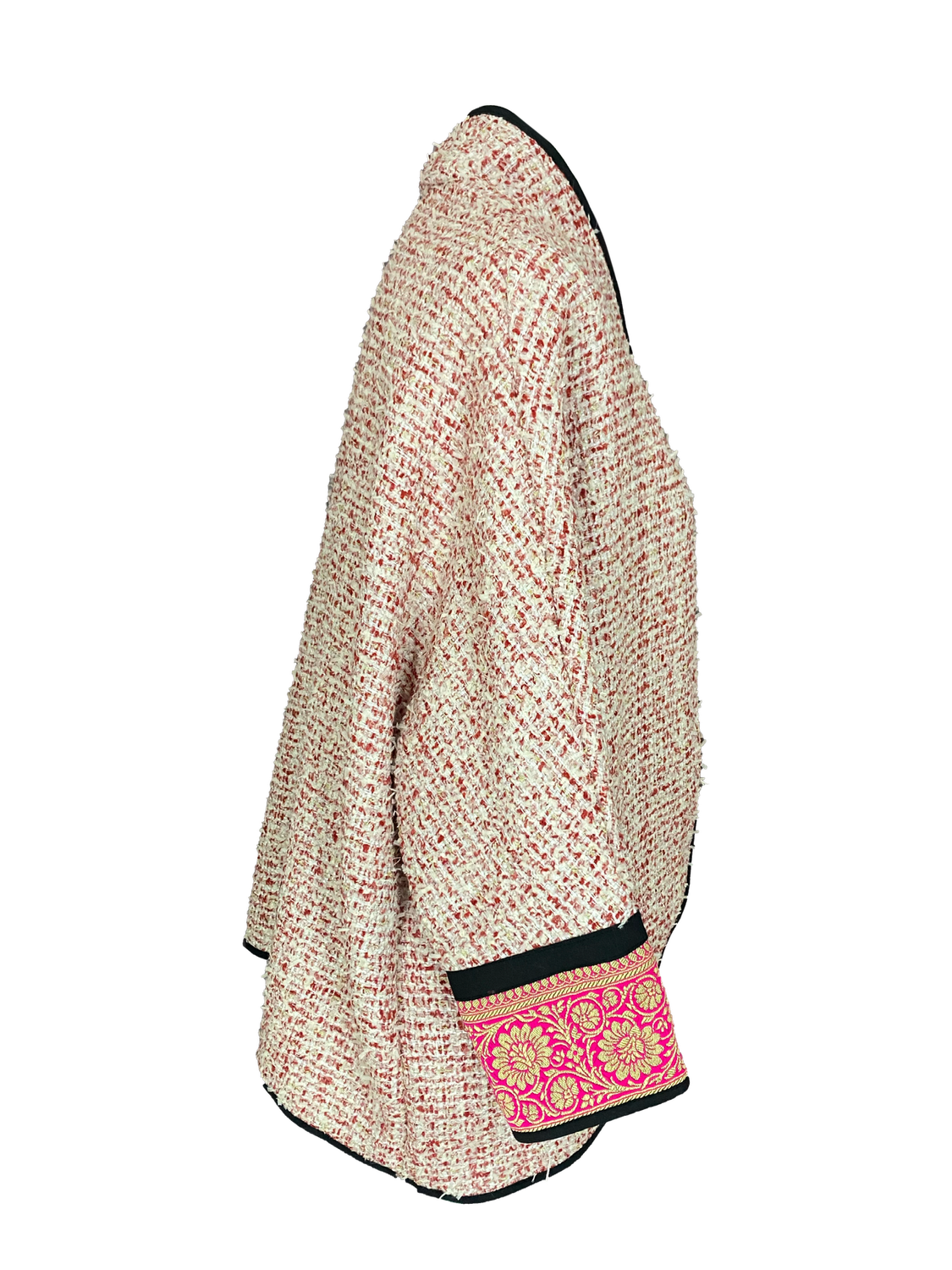 The Round Jacket in Pink Tweed, Embroidery Style: Wide Pink