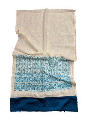 The Embroidered Scarf in White With Thai Silk Trim