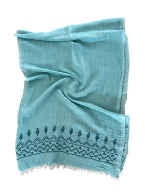 The Embroidered Egyptian Cotton Scarf in Turquoise