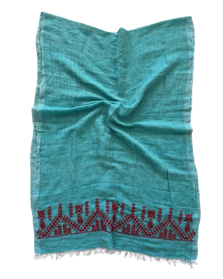 The Embroidered Egyptian Cotton Scarf in Turquoise